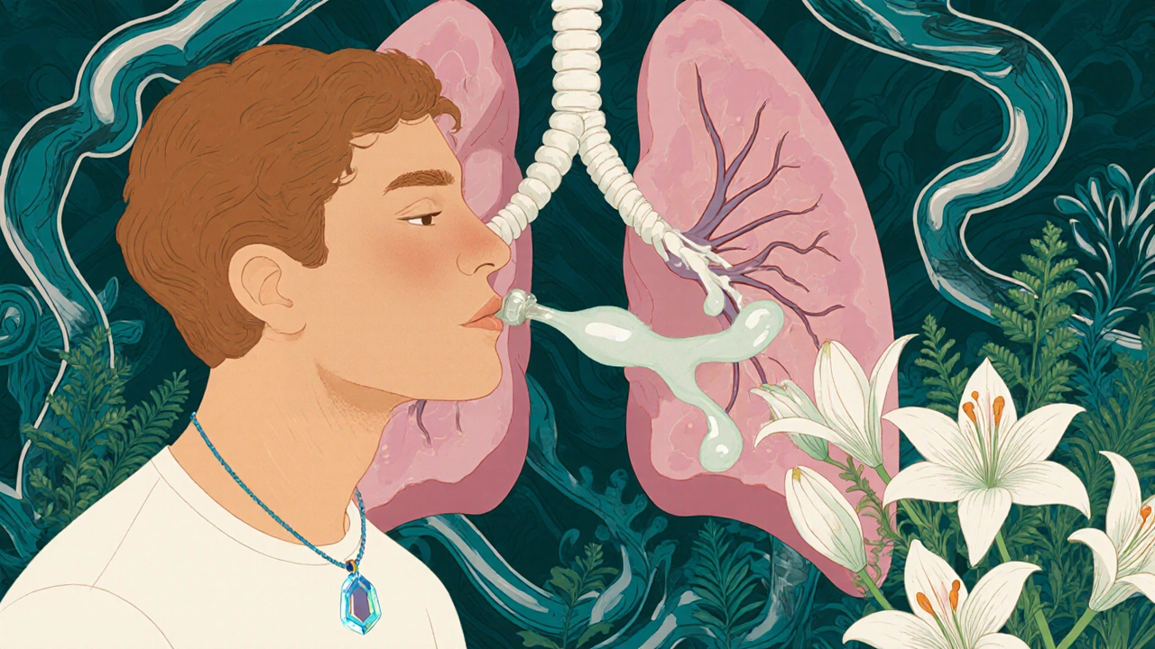 A patient exhales mucus that turns into flowers, with NAC as a glowing pendant in a lung-themed Art Nouveau scene.