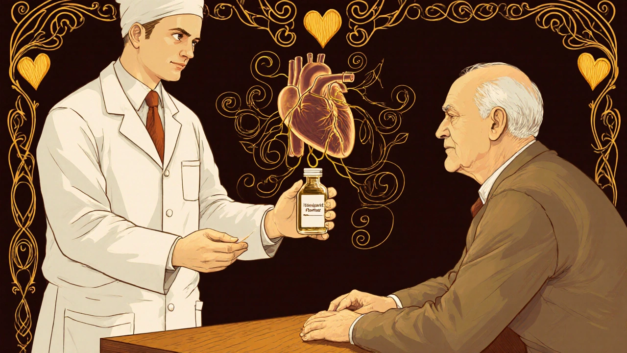 A pharmacist handing a nitrate vial to an older man, with stylized heart motifs and vines in the background.