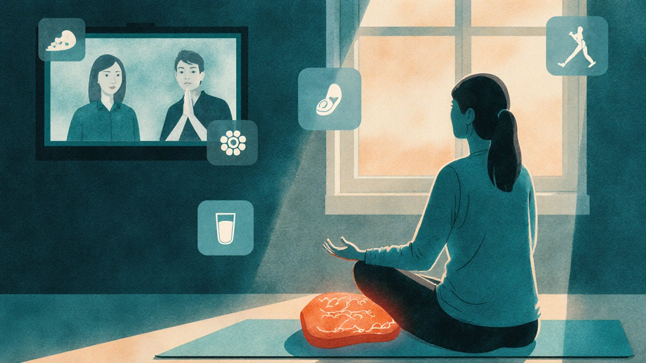 Calm evening scene with yoga, heating pad, and subtle hints of support and self‑care.