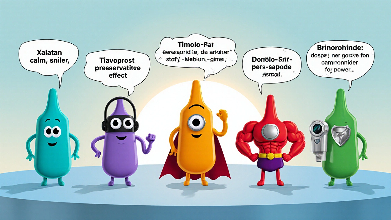 Cartoon lineup of eye‑drop bottles showing key attributes of each drug.