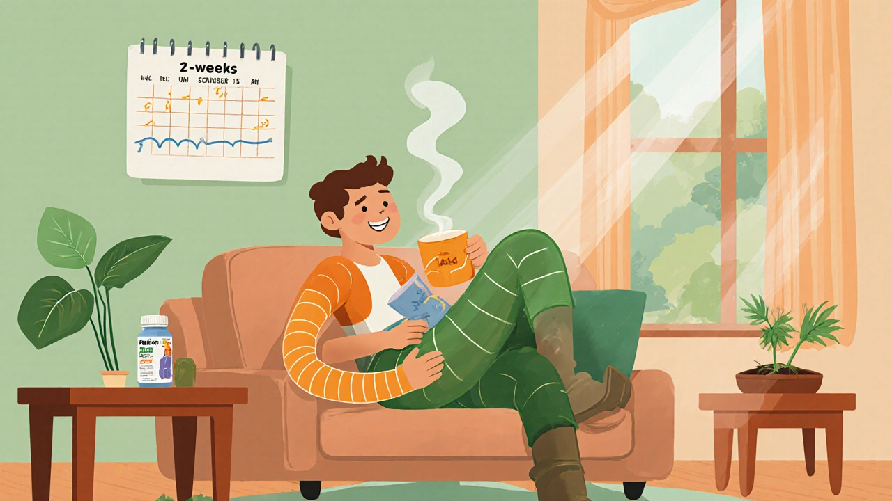 Cartoon traveler at home sipping a drink, with calendar and probiotic bottle indicating recovery.