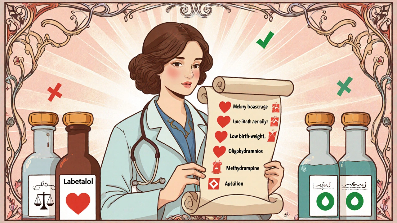 Doctor holding scroll of risks next to safe medication bottles with checkmarks.