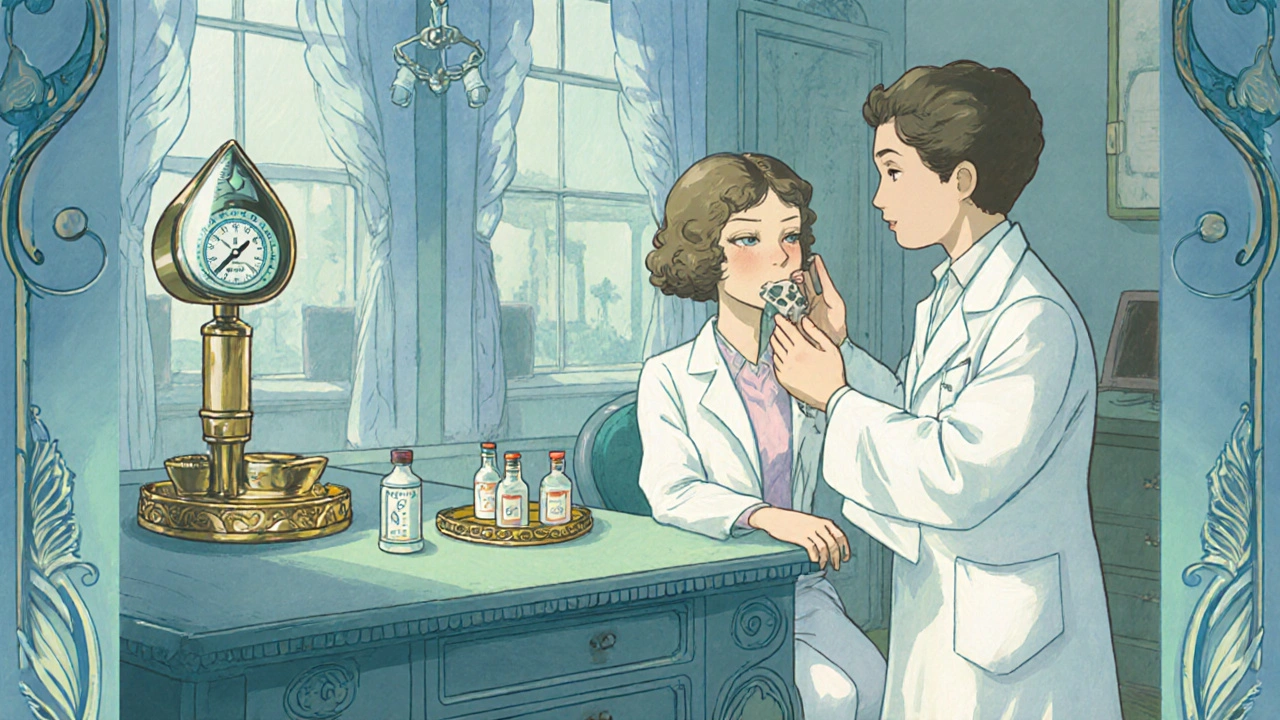 Doctor with patient using peak flow meter and spirometer in an ornate clinic scene.