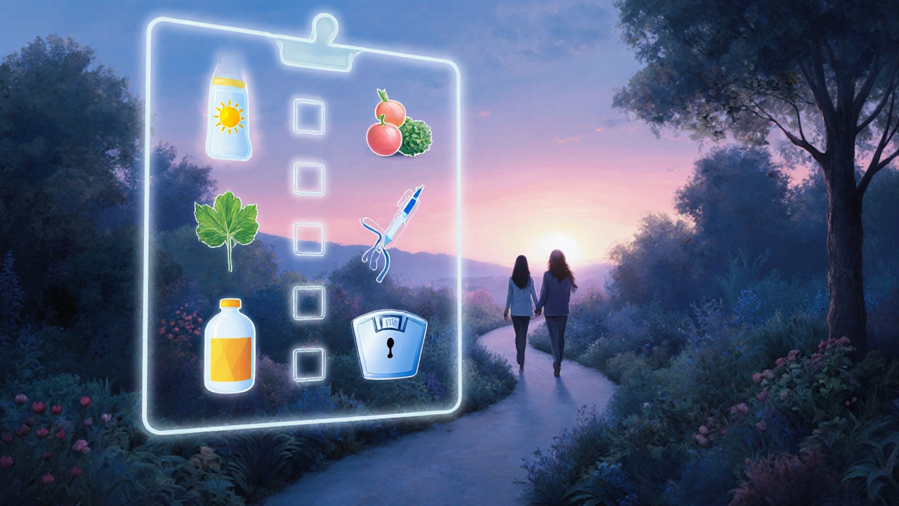 Dreamy garden with floating checklist icons representing preventive steps for neuroblastoma.