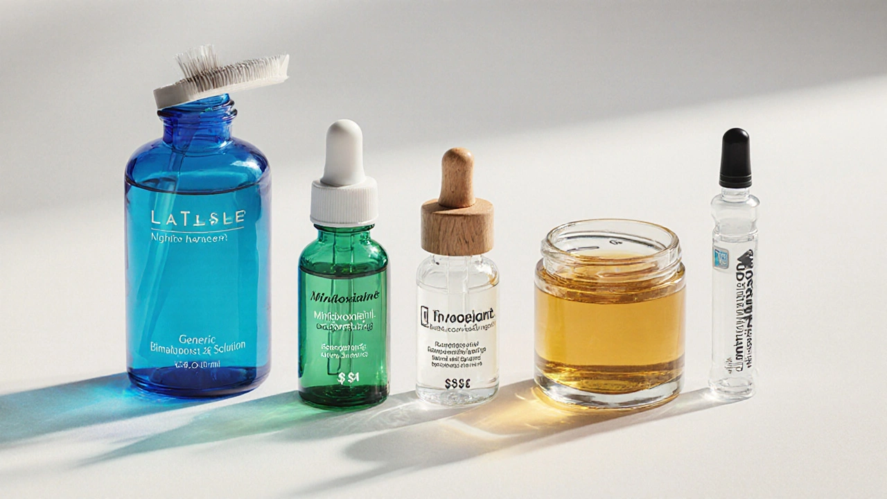 Flat‑lay of Latisse, generic bimatoprost, minoxidil, castor oil, latanoprost, and travoprost.