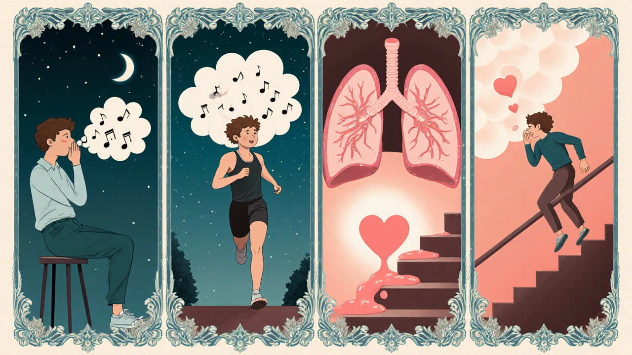 Four panels showing different heart‑related coughs with decorative fluid and heart motifs.