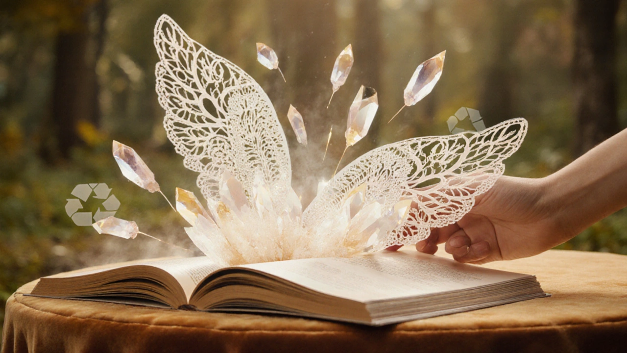 Hand placing a glossy magazine as calcium carbonate crystals bloom from the paper in ornate Art Nouveau design.