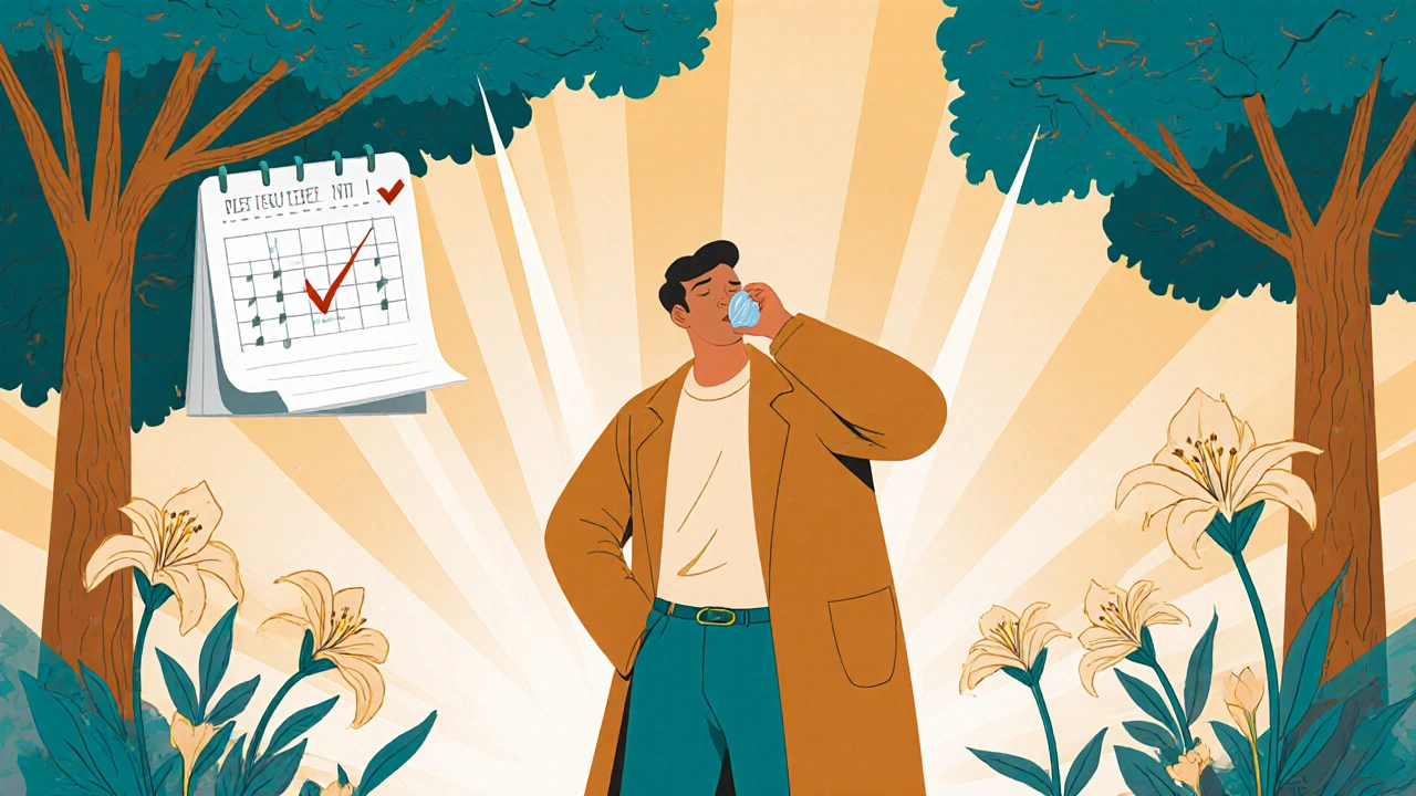 Happy adult breathing freely outdoors with subtle calendar and checkmark motifs.