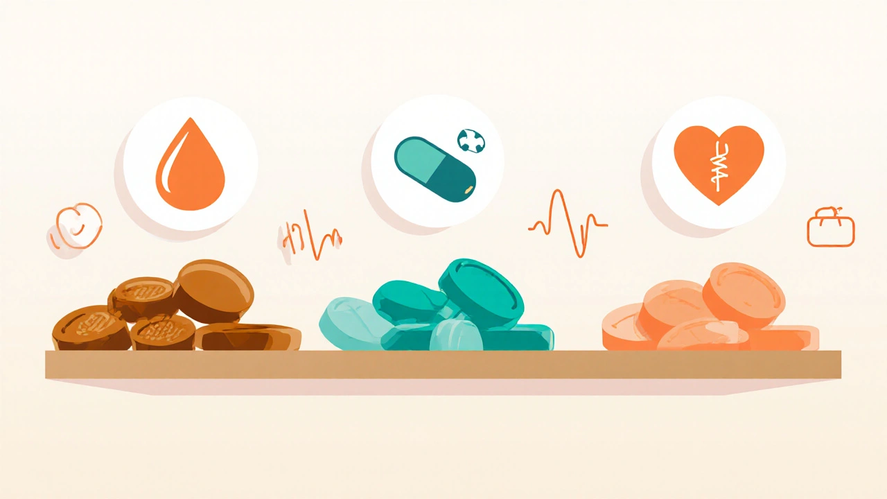 Illustration of pill groups for TCAs, SSRIs, and SNRIs with side‑effect icons.