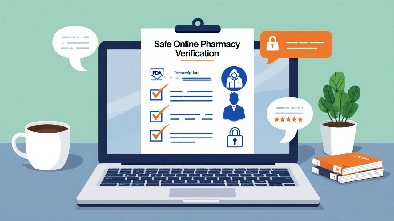 Isometric desk illustration showing a pharmacy verification checklist.