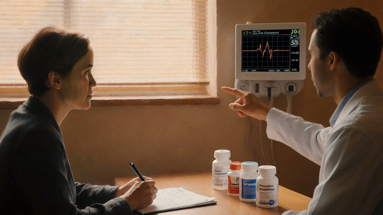 Patient and doctor discuss medication options with checklist and ECG monitor in clinic.