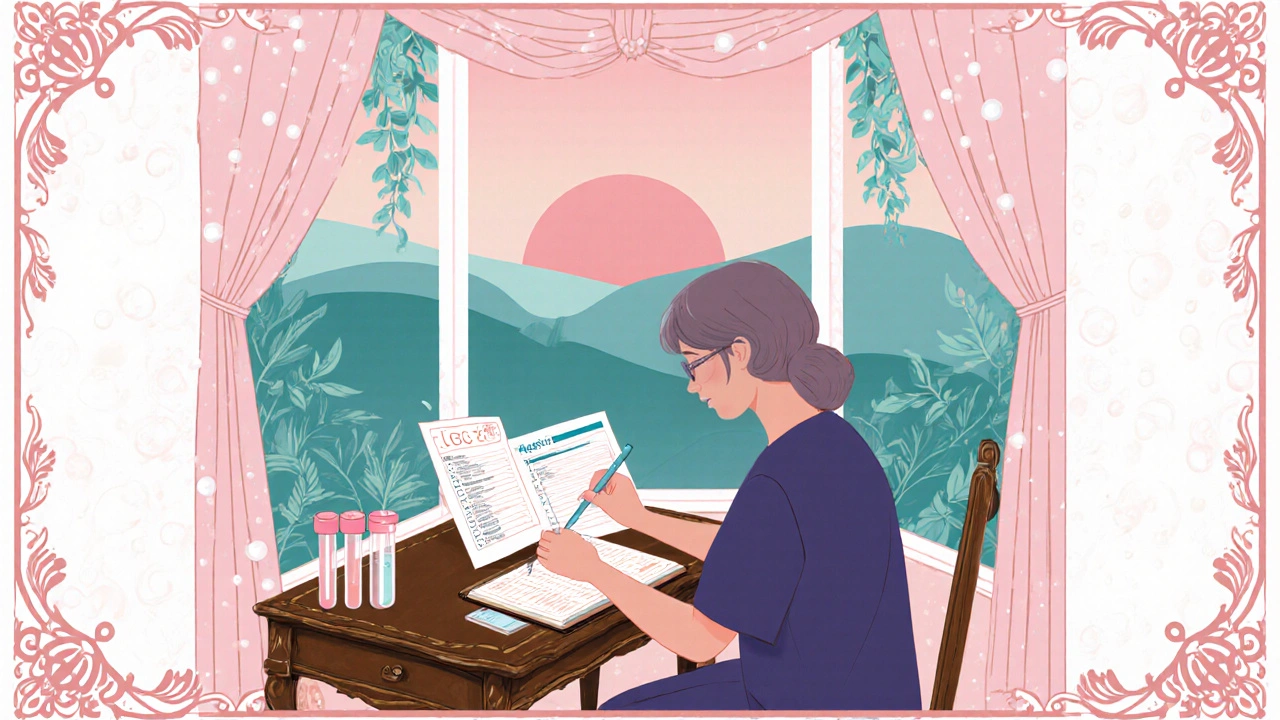 Patient reviewing a checklist and lab results at a desk, depicted in Art Nouveau style.