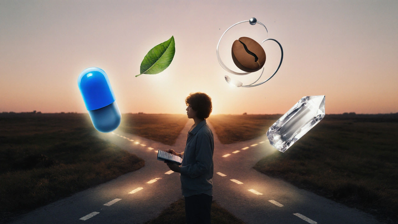 Person at sunrise crossroads with floating icons of a capsule, leaf, coffee bean, and crystal, contemplating choices.