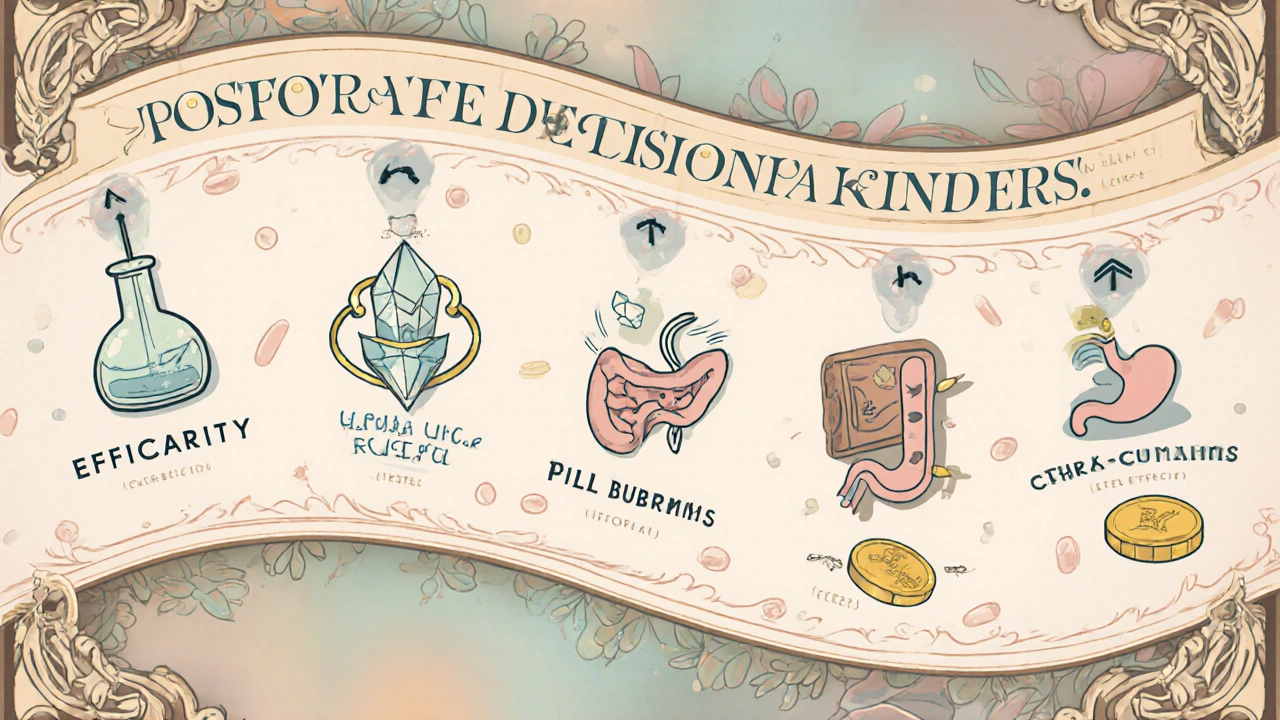 Poster showing five Art Nouveau icons for efficacy, calcium load, pill burden, side effects, and cost.