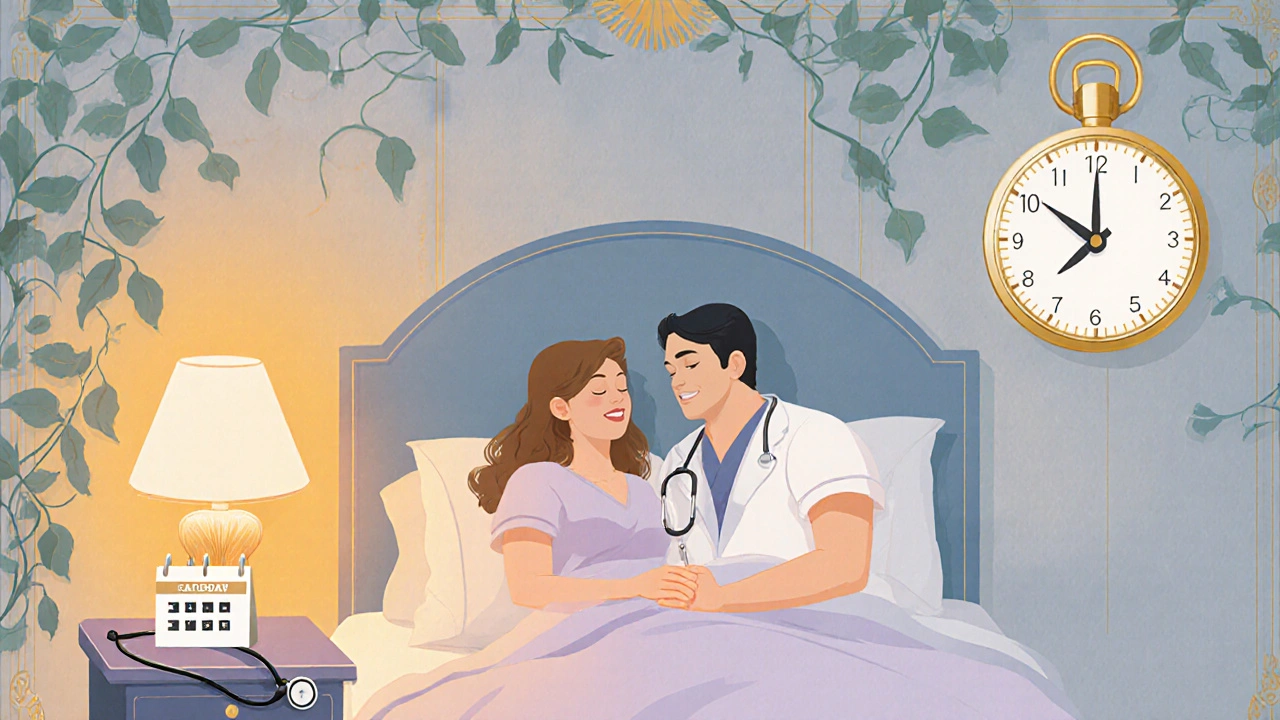 Serene couple in a stylized bedroom with clock, calendar, and stethoscope indicating safe use.