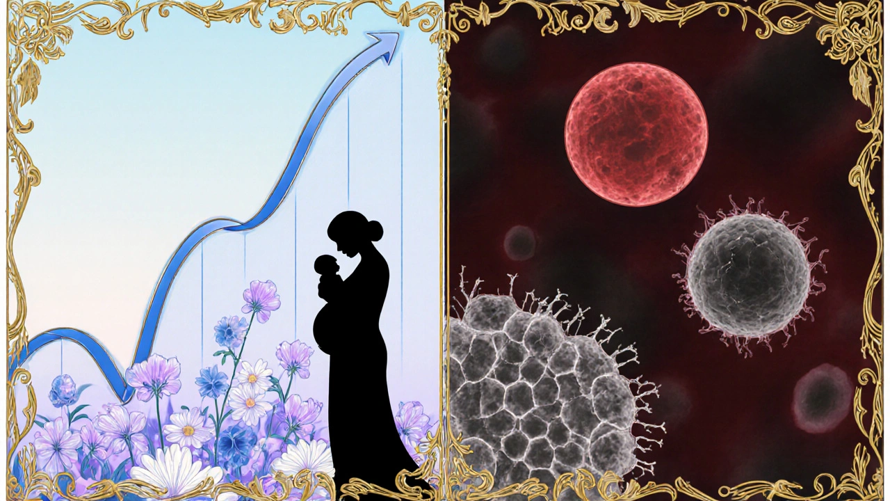 Split illustration showing zidovudine benefits on left and side effects on right with decorative borders.