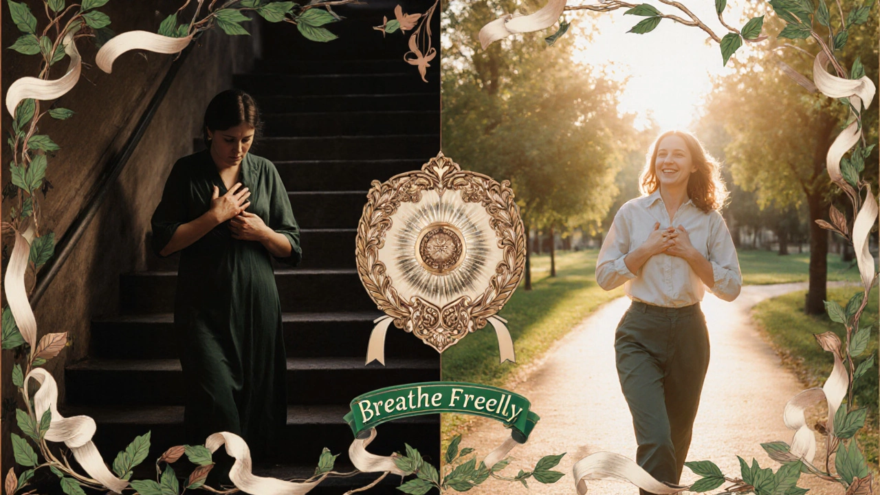 Split image: a woman struggling on stairs versus walking freely in a park, with a radiant tablet above her heart.