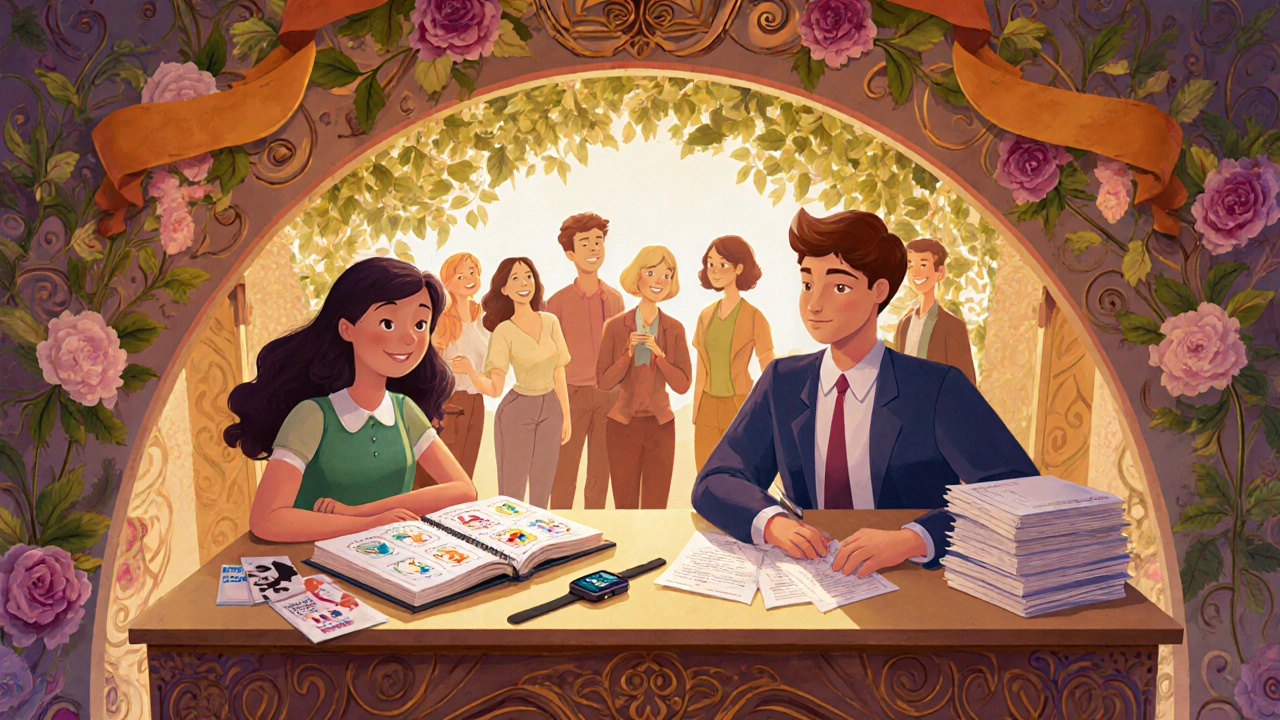 Student and professional using a seizure diary and smartwatch, surrounded by supportive group.