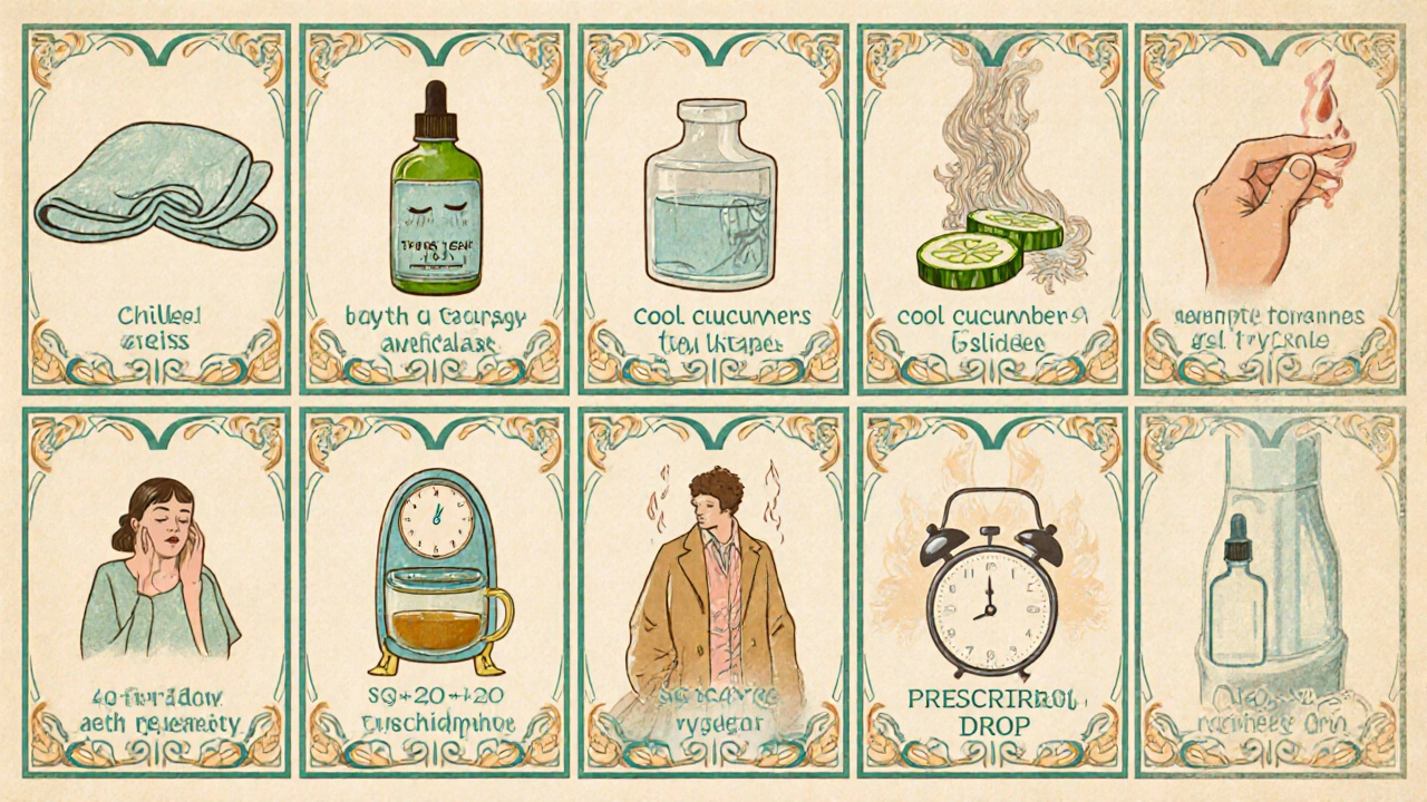 Ten whimsical Art Nouveau panels illustrate various home remedies for red eyes.