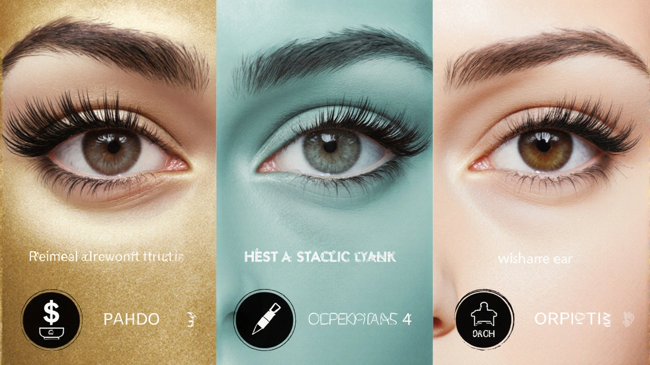 Three‑panel illustration comparing lashes after Latisse, generic bimatoprost, and castor oil.