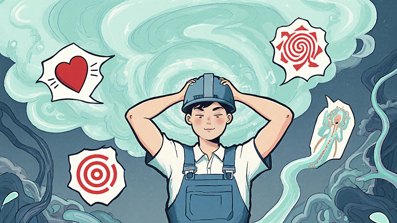 Worker experiencing headache and dizziness from nitroglycerin fumes, illustrated Art Nouveau.