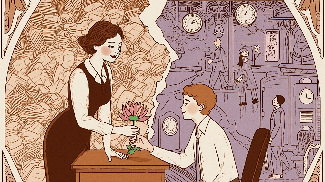 A manager offering a lotus flower to an employee, with chaotic and calm work worlds visible behind them.