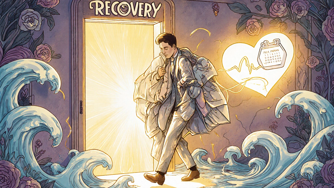 A person stepping through a doorway, shedding work burdens, as light and nature symbolize recovery.