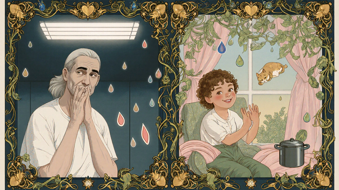 Contrasting scenes of clinic fatigue and home freedom, illustrated in Art Nouveau style with flowing vines and symbolic icons.