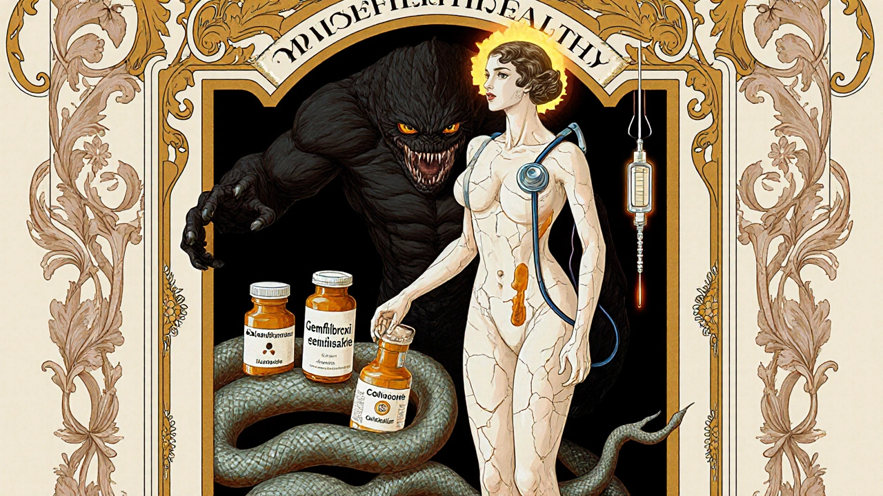 Elegant woman battling a monster made of prescription bottles, with medical symbols glowing around her.