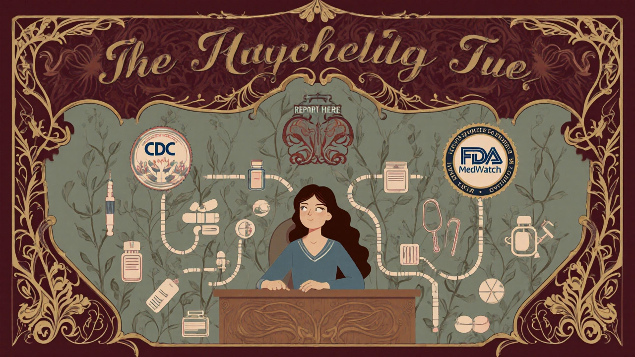 Patient choosing between vaccine and drug reporting paths with ornate symbols