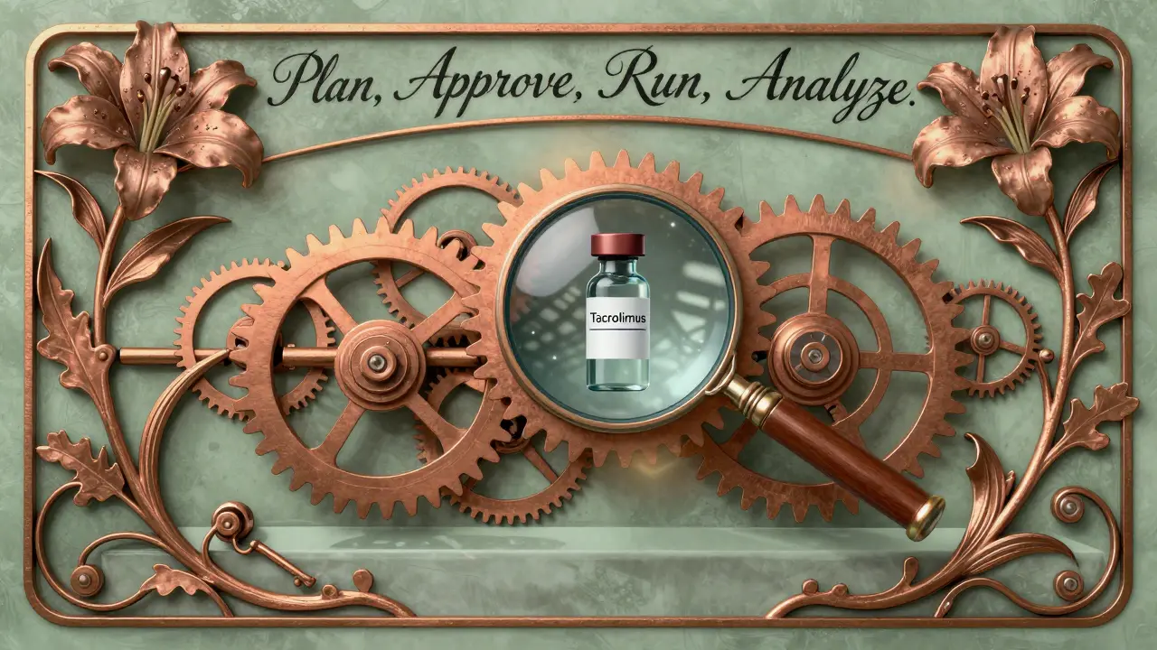 A floral clockwork lab mechanism with gears showing verification steps, magnifying a vial revealing hidden drug interferences.