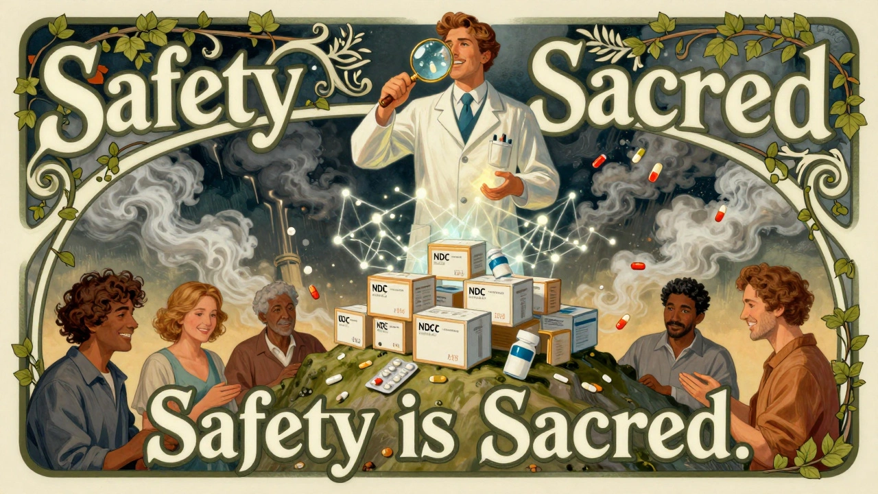 A pharmacist standing tall above safe drugs as counterfeit pills vanish, surrounded by blockchain patterns and floral motifs.