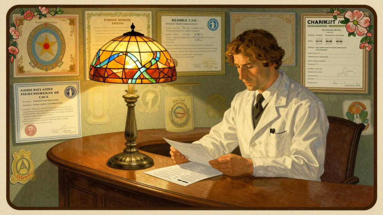 A pharmacist verifying paperwork under a DNA-shaped lamp with floating certification panels in ornate frames.