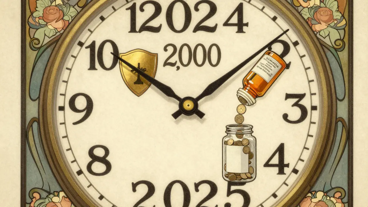 Art Nouveau clock with prescription bottles as hands, showing ,000 out-of-pocket cap in 2025 with floral motifs.