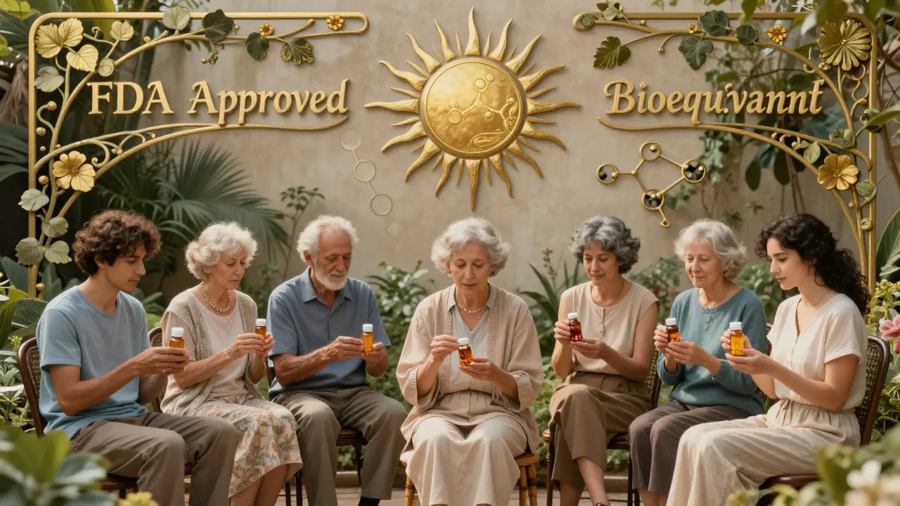 Diverse patients in a garden, each with a pill bottle, under a sun shaped like molecular structures.