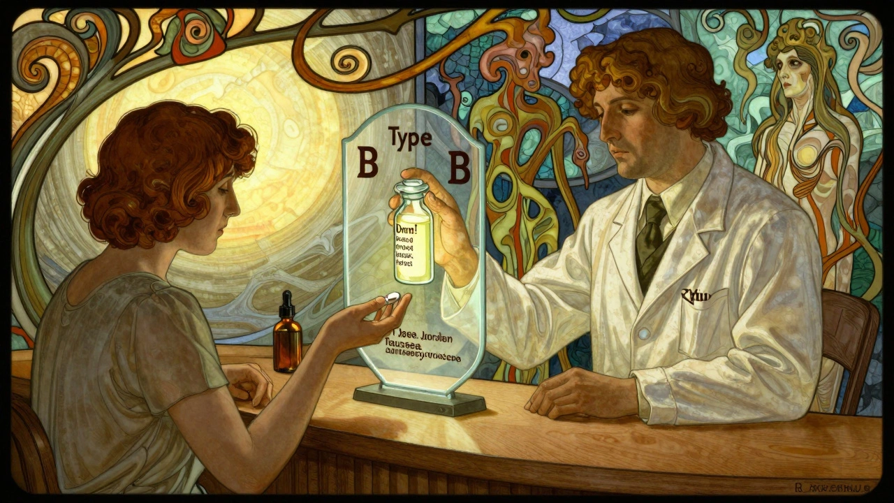 Pharmacist offering medicine with one side peaceful and the other shadowed by immune reactions, in ornate Art Nouveau style.