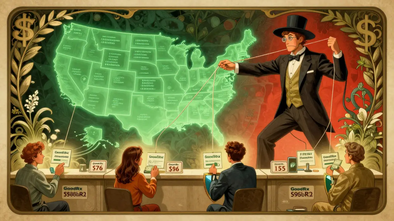 Puppeteer controlling pharmacy prices across U.S. states, with patients using price-comparison coupons.