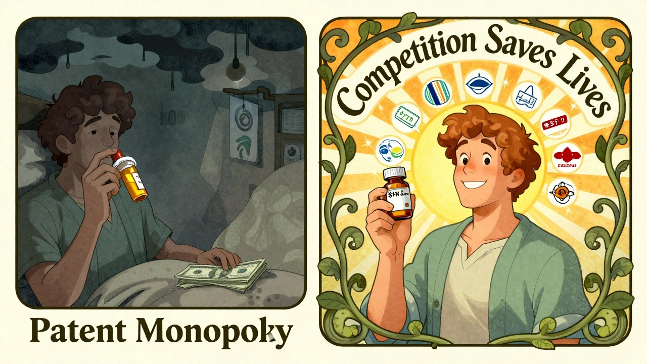 Split scene: patient suffering under high price vs. smiling with affordable generic pill.