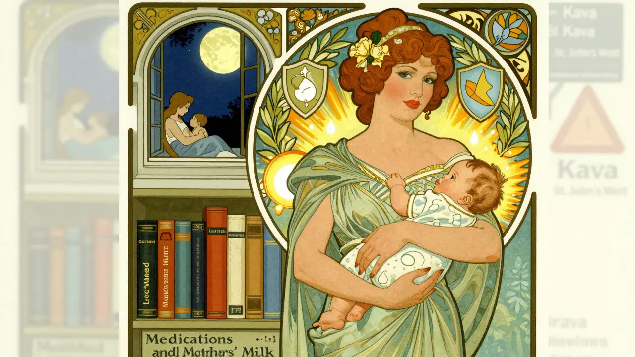 Woman holding baby beside medical books, protected by glowing symbols of safety and care.