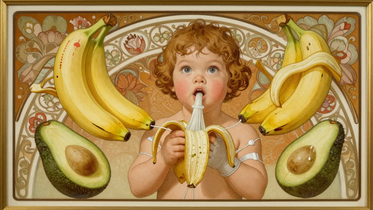 A child surrounded by fruits that morph into medical latex materials, illustrating cross-reactivity.