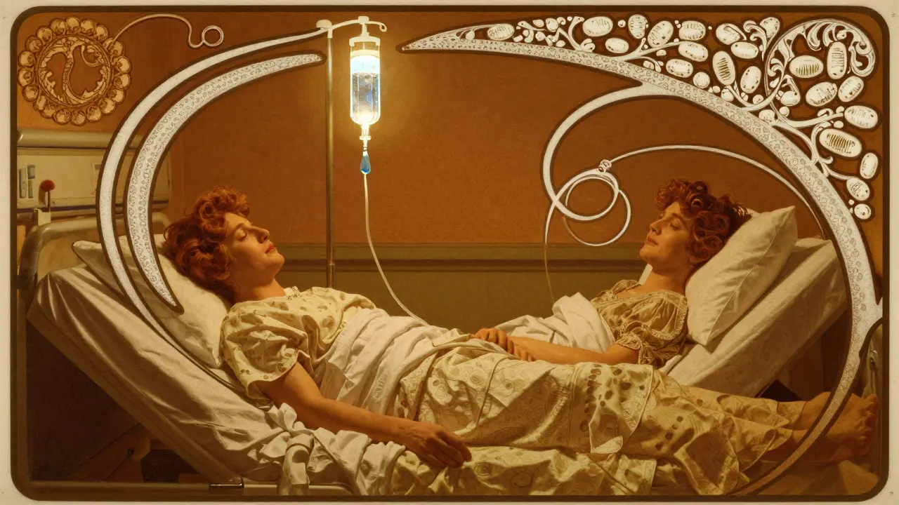 A patient receiving IVIG treatment with flowing antibody tendrils like ornate lace, bathed in warm amber light.