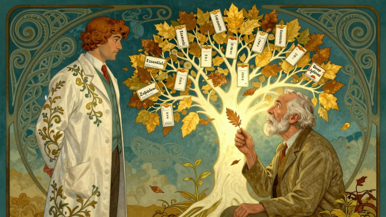 A pharmacist and elderly man watching medications transform into leaves on a glowing ornate tree.