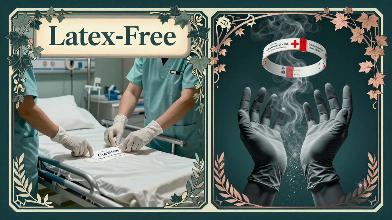 A split scene showing latex-safe medical environment versus dissolving hazardous gloves in ornate style.