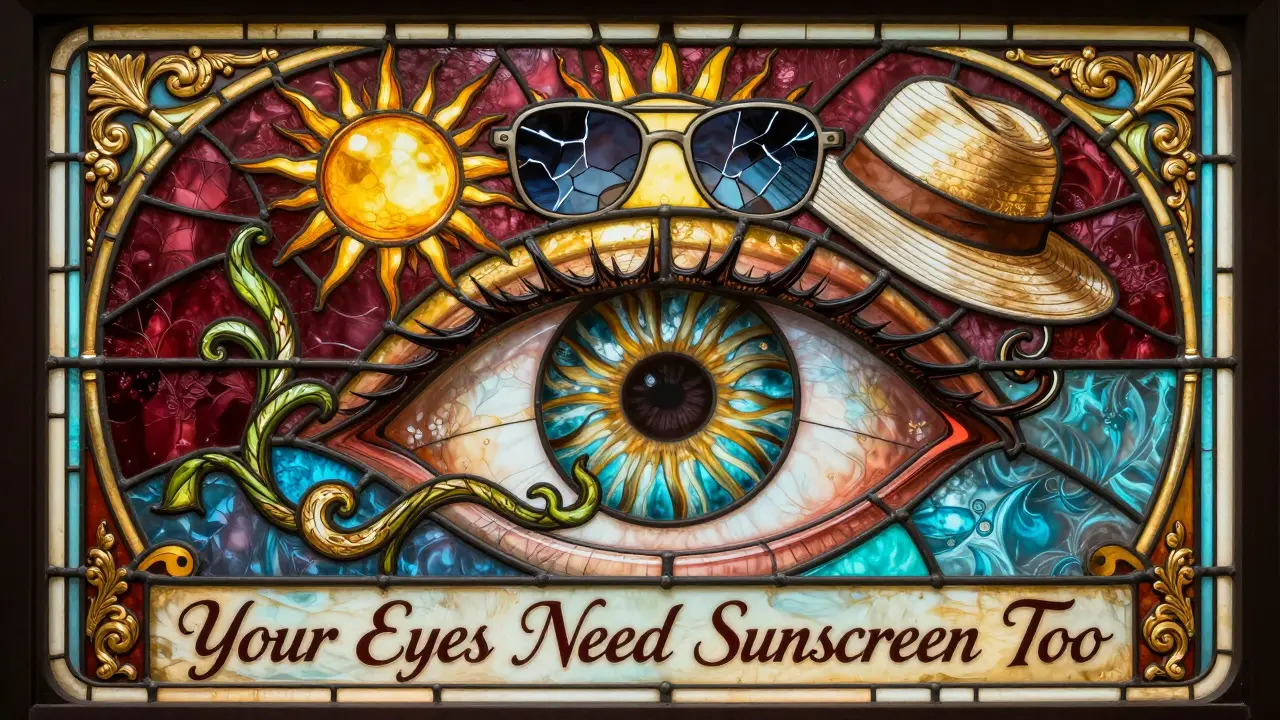 An eye as a stained-glass window with a growing pterygium vine, shattered by protective eyewear in ornate style.