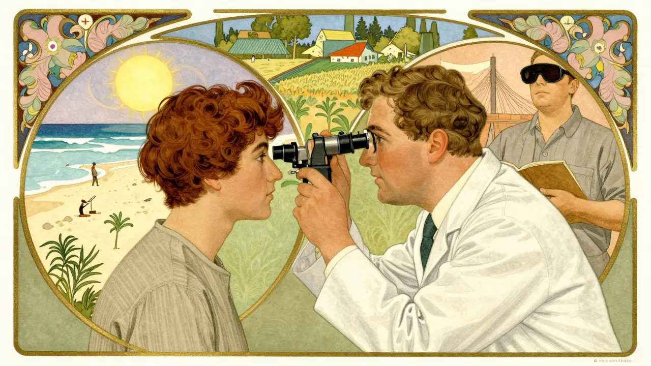 An optometrist examining an eye, surrounded by scenes of outdoor workers wearing sunglasses in Art Nouveau design.