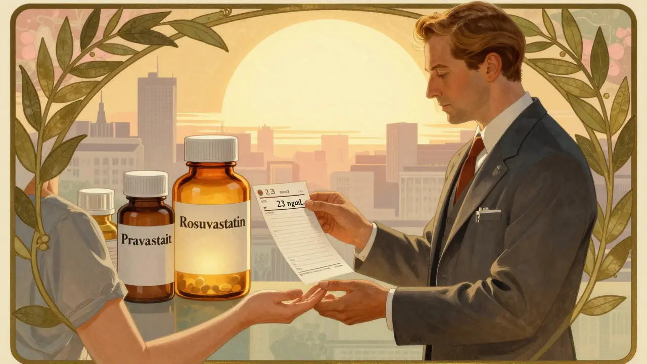 Doctor giving blood test result to patient, sun rising over statin bottles in elegant Art Nouveau setting.