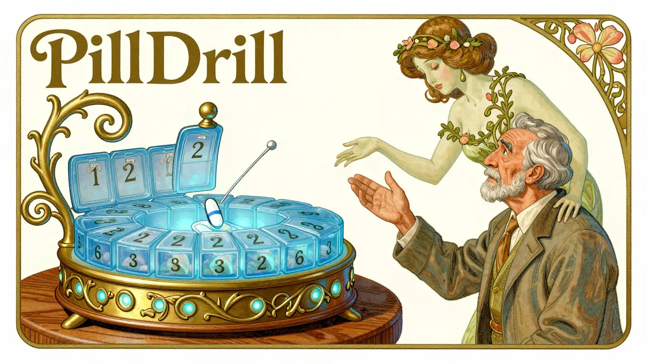 Elderly man guided by vine-like figure toward a glowing smart pill organizer with 28 compartments.