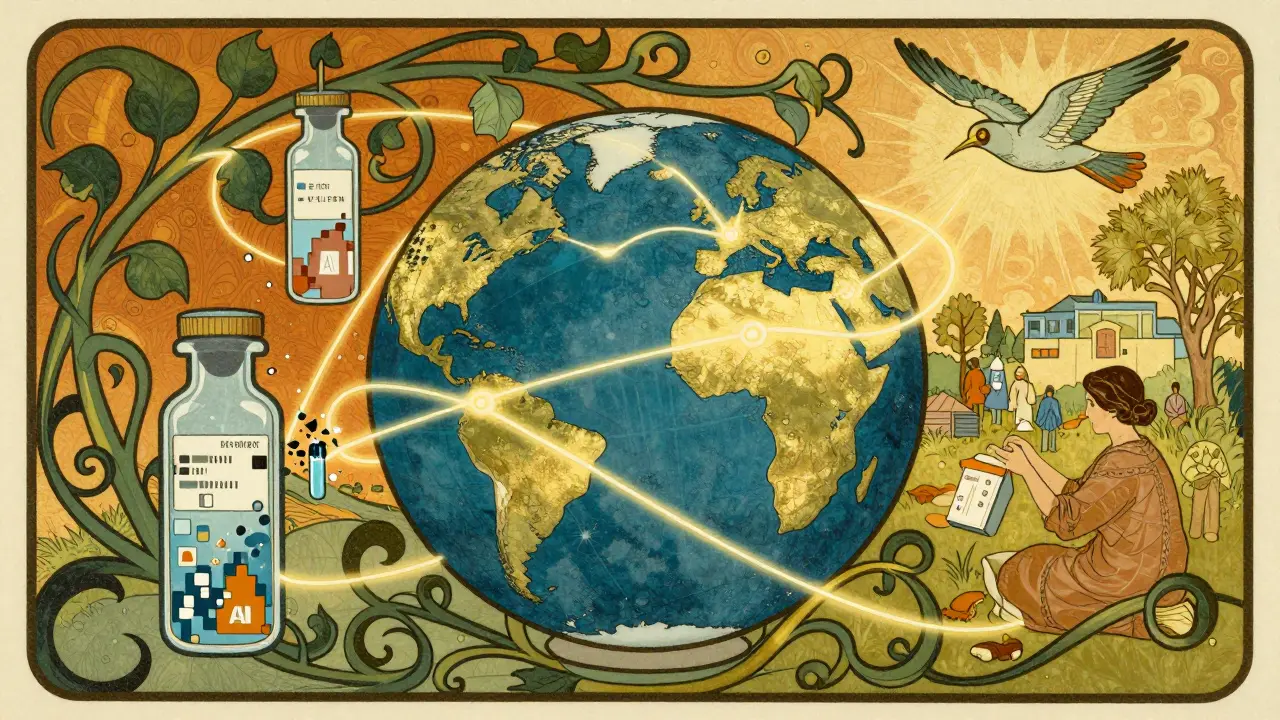 Globe connected by liquid biopsy vials and AI patterns, symbolizing global precision medicine access.