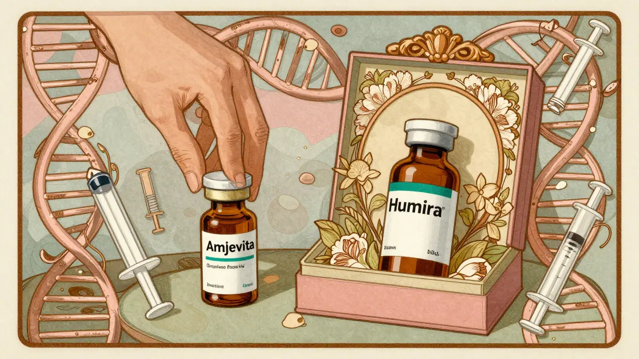 Pharmacist giving a biosimilar vial to a patient amid floral and DNA-inspired designs.