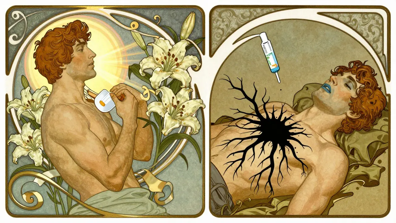 Split illustration: calm patch application vs. collapse with toxic roots and naloxone spray, in Art Nouveau style.